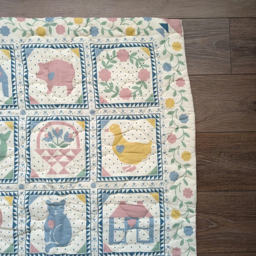 Vintage 80s Baby Quilt Wall Hanging Pastel Animal Cat Whale Duck Floral Folk Art